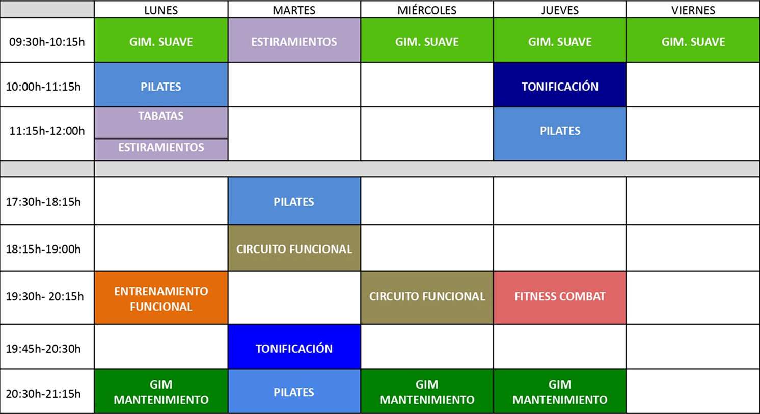 Horario actividades dirigidas